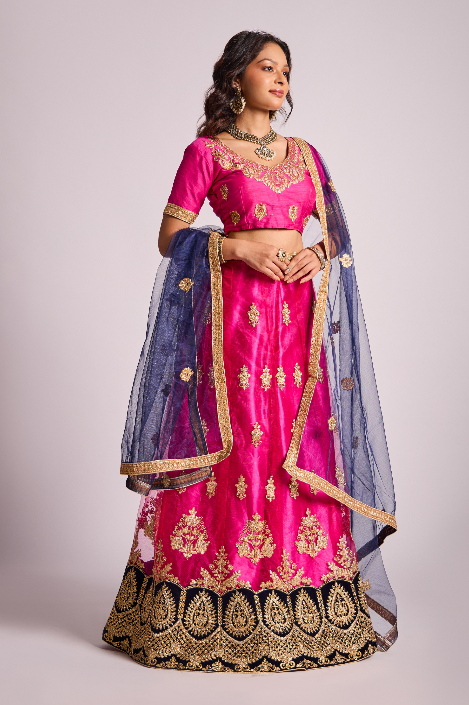 Reverie Pink Blue Combination Velvet Bridal Lehenga