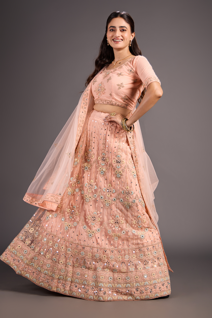  Tranquil Floral Embroidery With Mirror Work Lehenga Choli