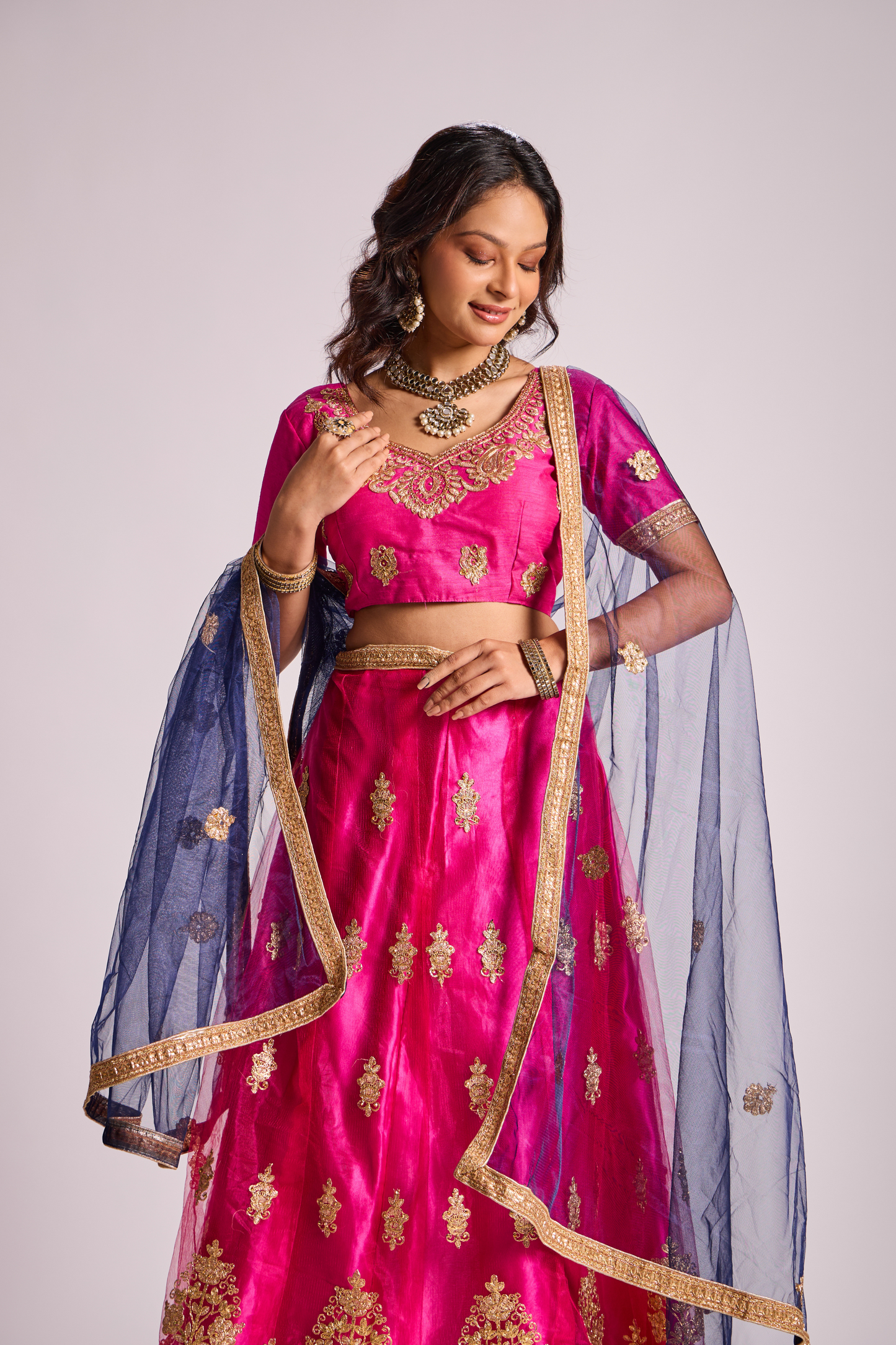 Reverie Pink Blue Combination Velvet Bridal Lehenga