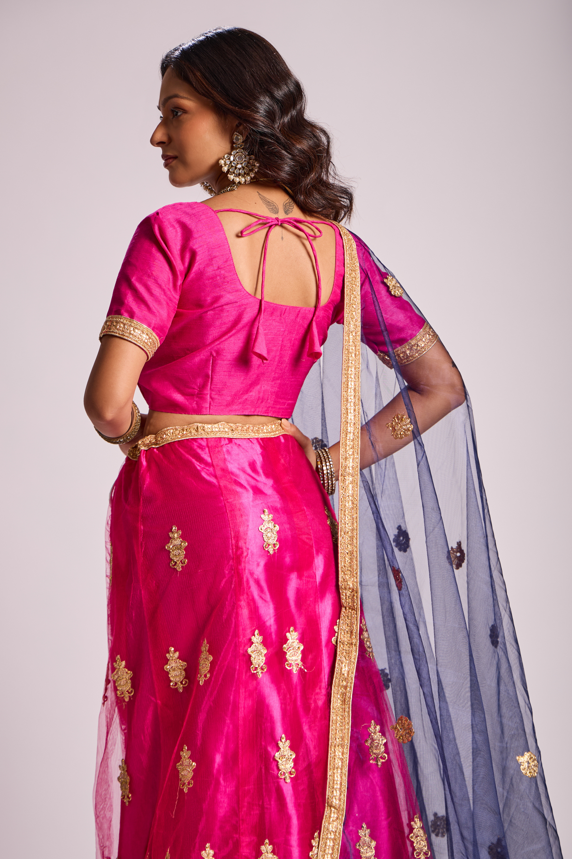 Reverie Pink Blue Combination Velvet Bridal Lehenga