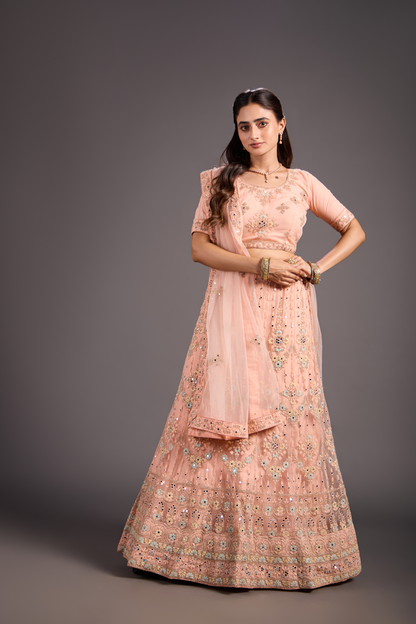  Tranquil Floral Embroidery With Mirror Work Lehenga Choli