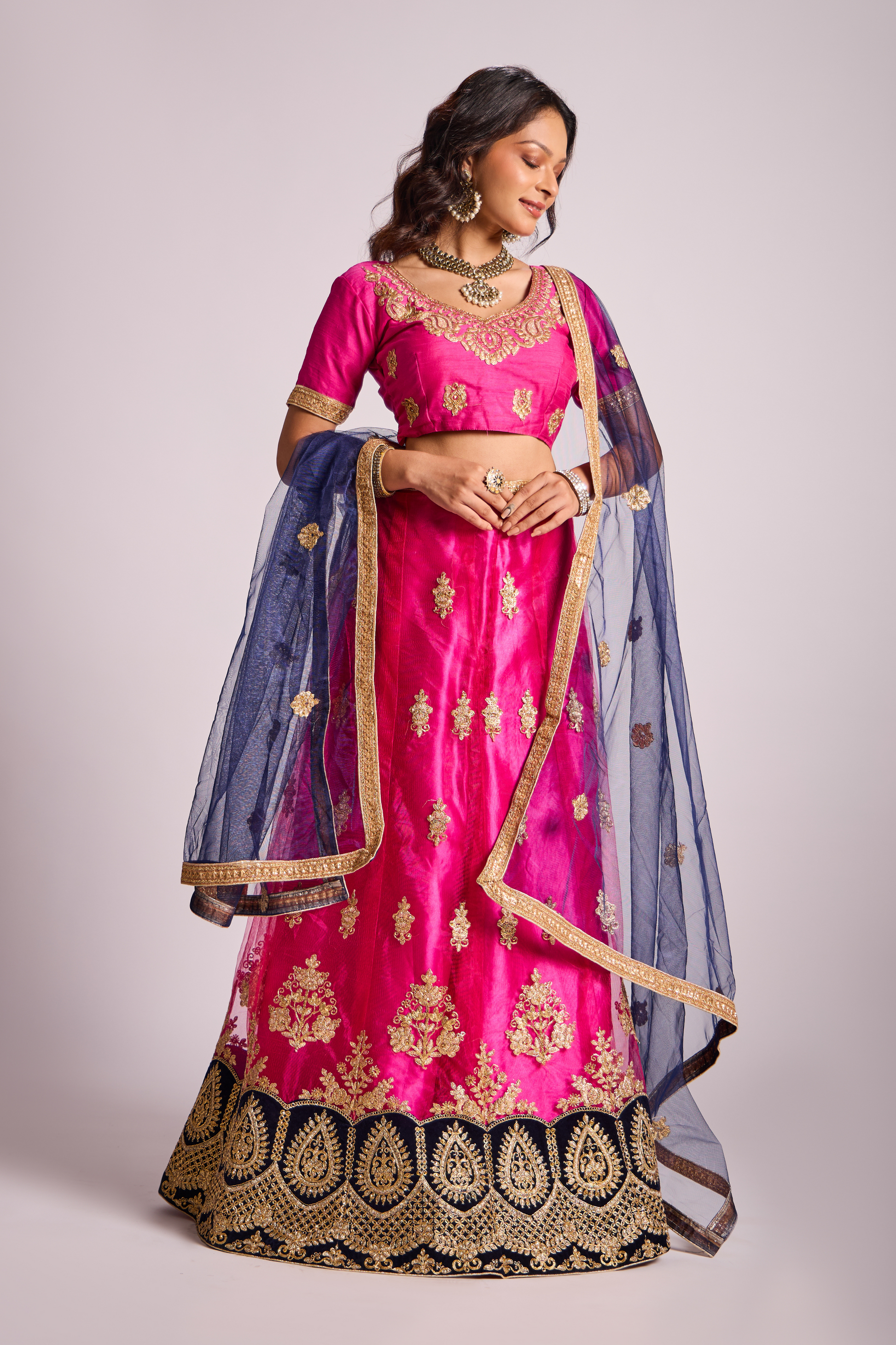 Reverie Pink Blue Combination Velvet Bridal Lehenga