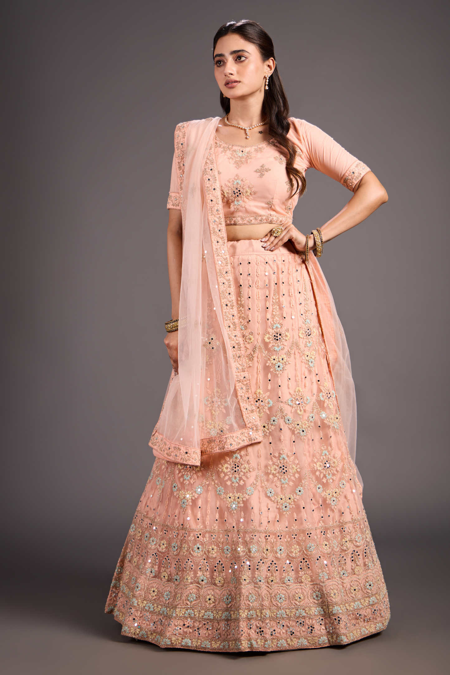  Tranquil Floral Embroidery With Mirror Work Lehenga Choli