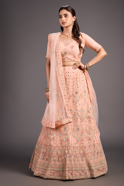  Tranquil Floral Embroidery With Mirror Work Lehenga Choli