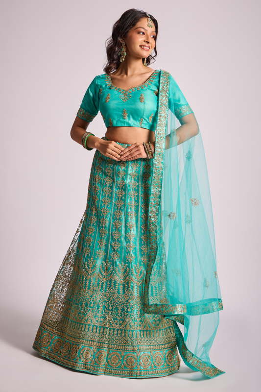 Serenity Green Thread Embroidery Art Lehenga Choli