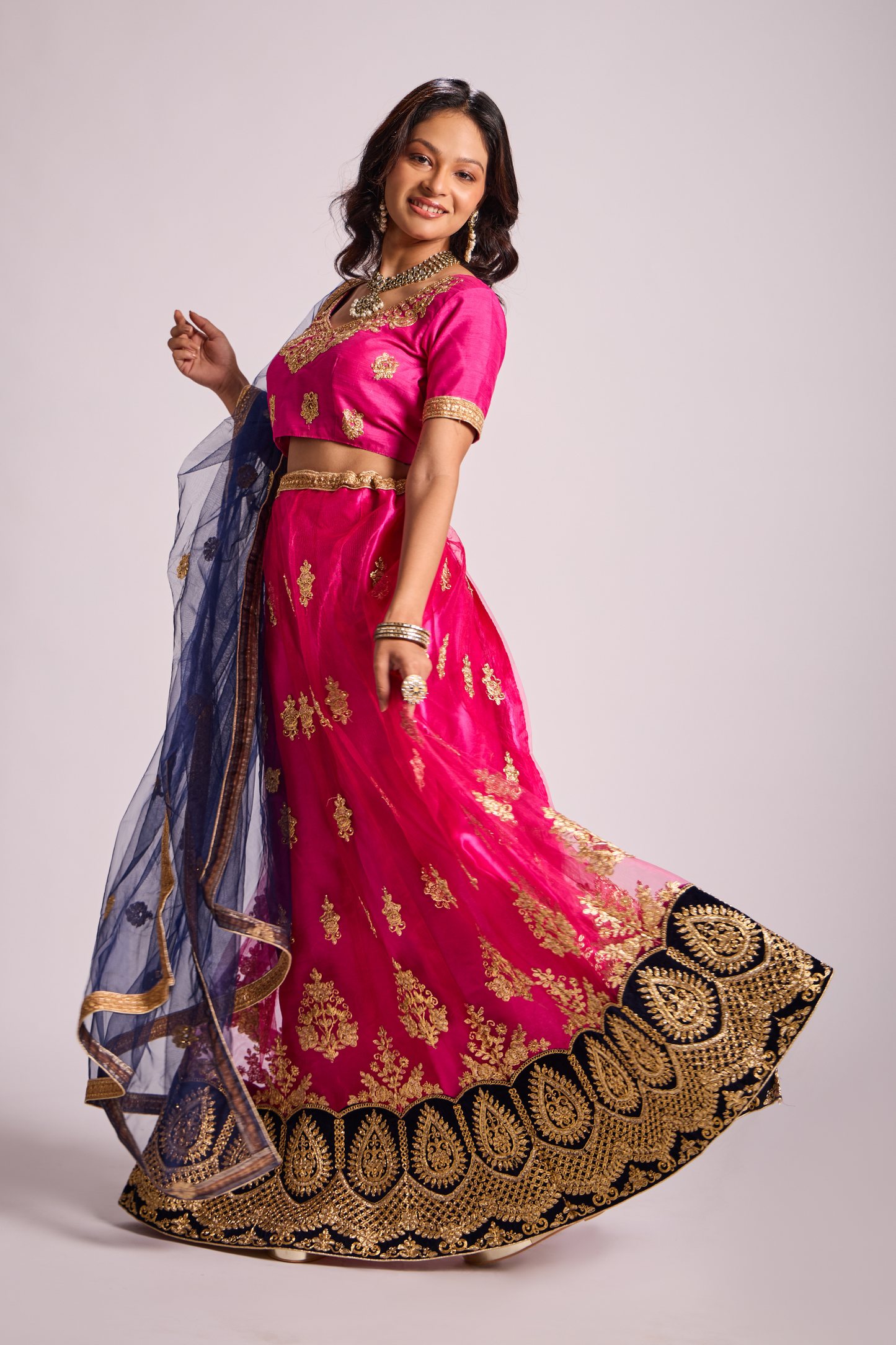 Reverie Pink Blue Combination Velvet Bridal Lehenga