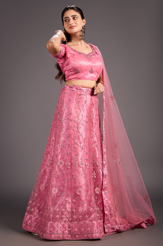 Voyage Pink Colored Bridal Heavy Zari Embroidered Lehenga Choli