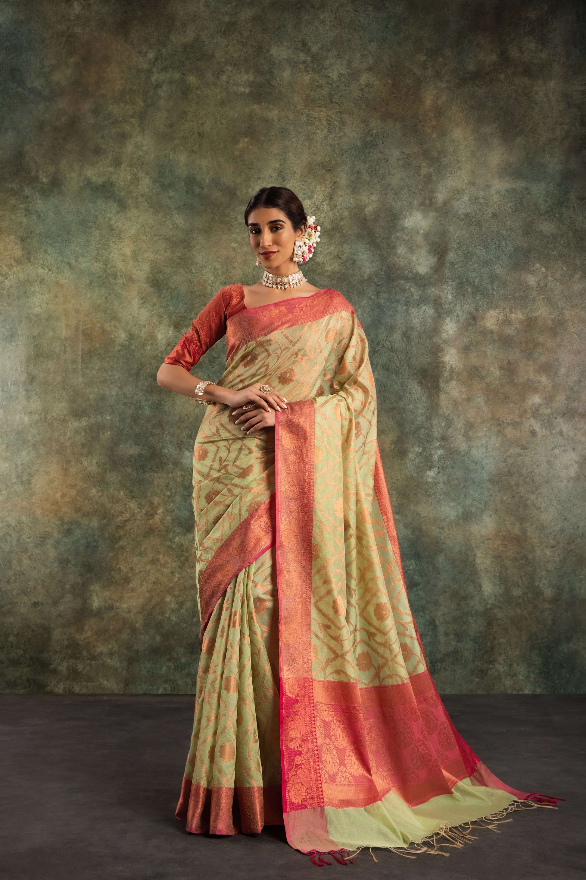 Charming Pistachio Green Banarasi Silk Saree with Beautiful Zari Work