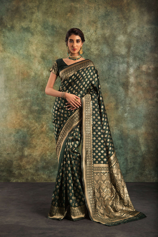 Majestic Bottle Green Silk Saree with Zari Detailing