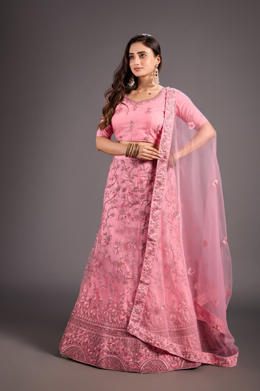 Festive Pink Thread Net Festival Wear Lehenga Choli - Styling India