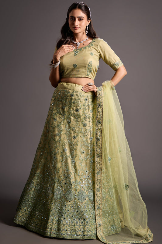 Mystique Light Lime Heavy Designer Mirror Work Wear Special Lehenga Choli - Styling India